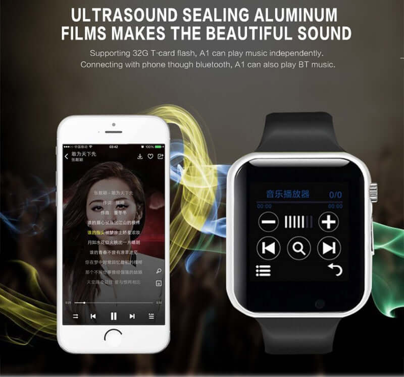 Strengthsphere Kids Smart Watch Phone 2G displayed with smartphone, featuring music playback and Bluetooth connectivity.