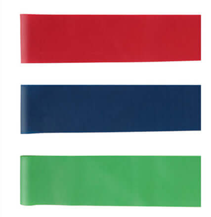 Strengthsphere 5 Level Resistance Bands Set featuring red, blue, and green elastic bands for versatile workouts.