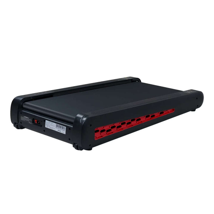 Strengthsphere Incline Walking Pad Treadmill in folded position, showcasing compact design and sleek black finish.
