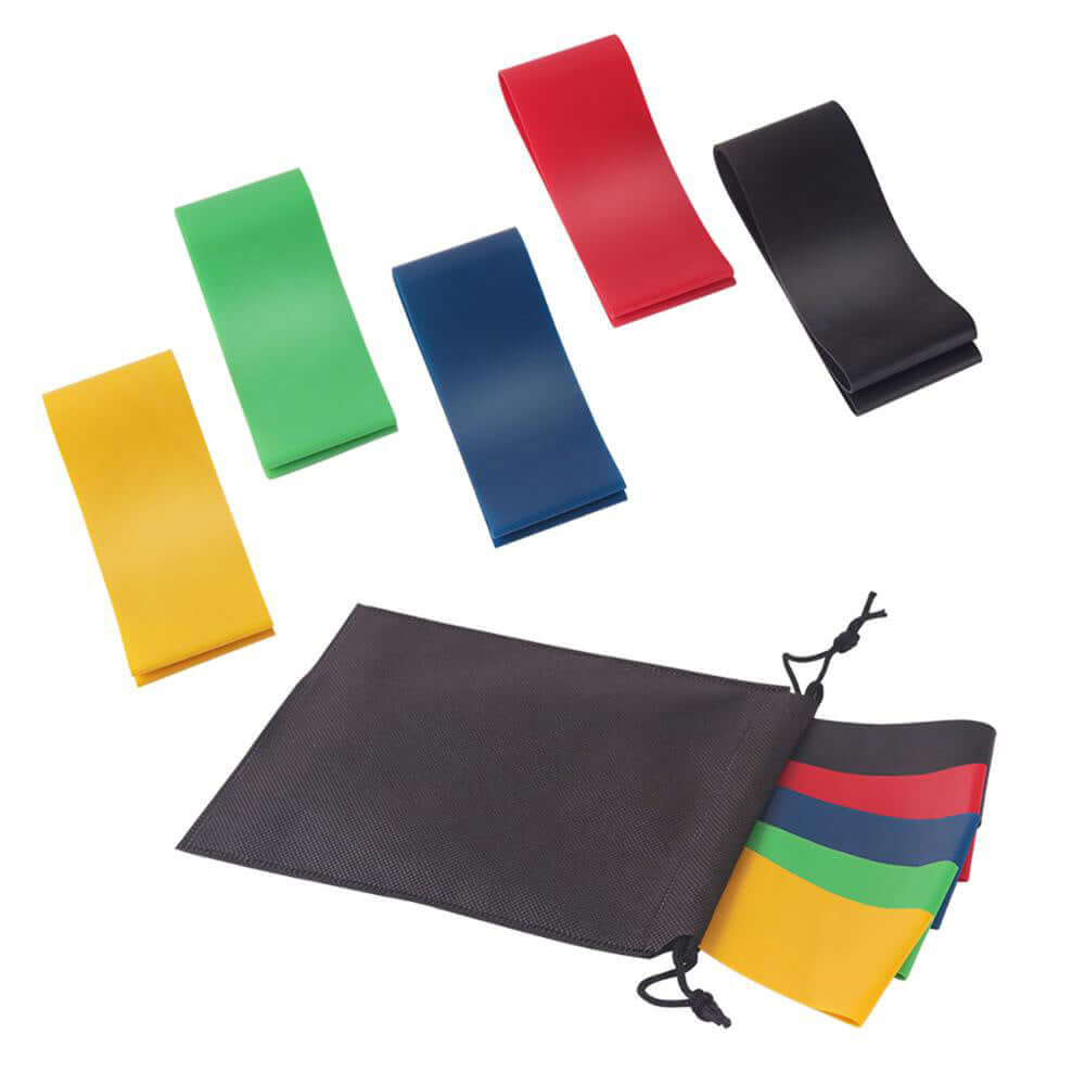 Strengthsphere 5 Level Resistance Bands Set including five elastic bands in various colors and a black storage bag.