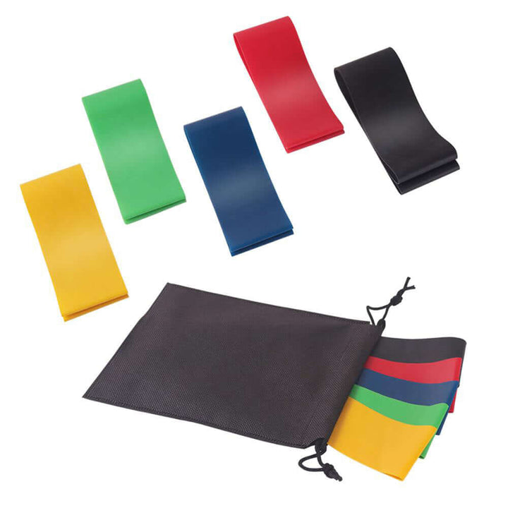 Strengthsphere 5 Level Resistance Bands Set including five elastic bands in various colors and a black storage bag.