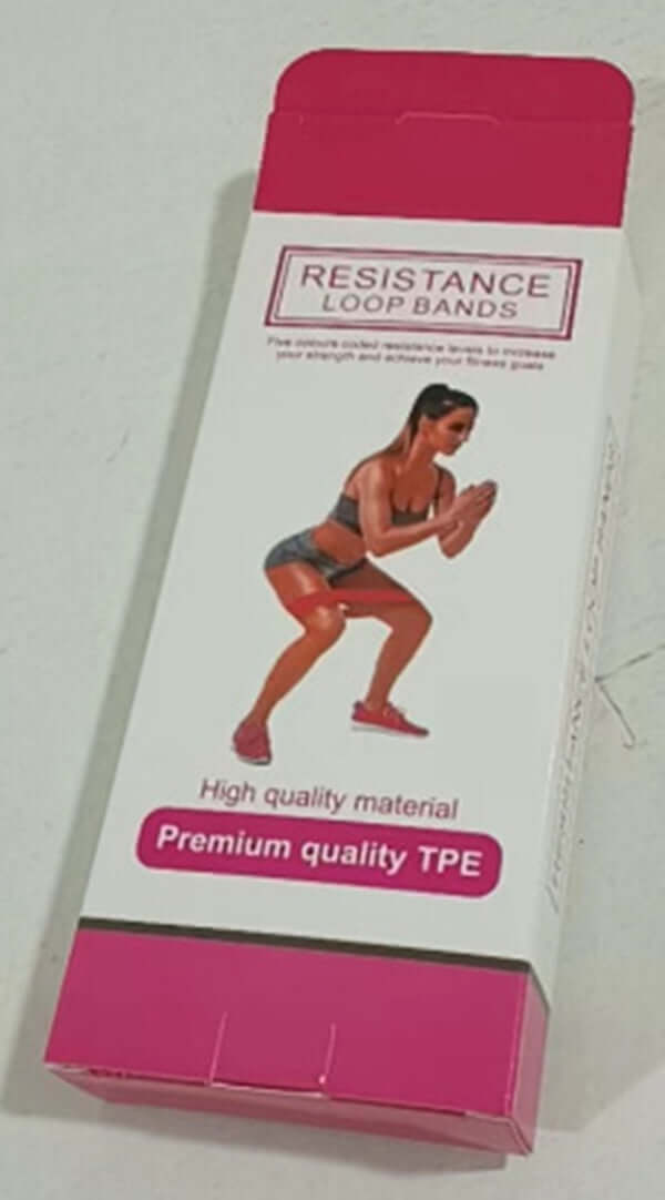 Strengthsphere 5 Level Resistance Bands Set packaging featuring high quality TPE material and fitness illustration.