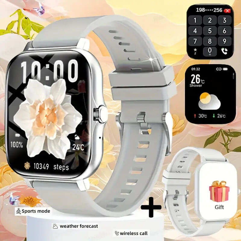Strengthsphere Bluetooth Smart Fitness Watch displaying fitness metrics, weather, and call features.