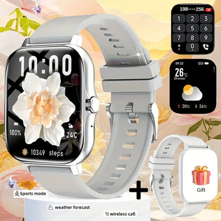 Strengthsphere Bluetooth Smart Fitness Watch displaying fitness metrics, weather, and call features.