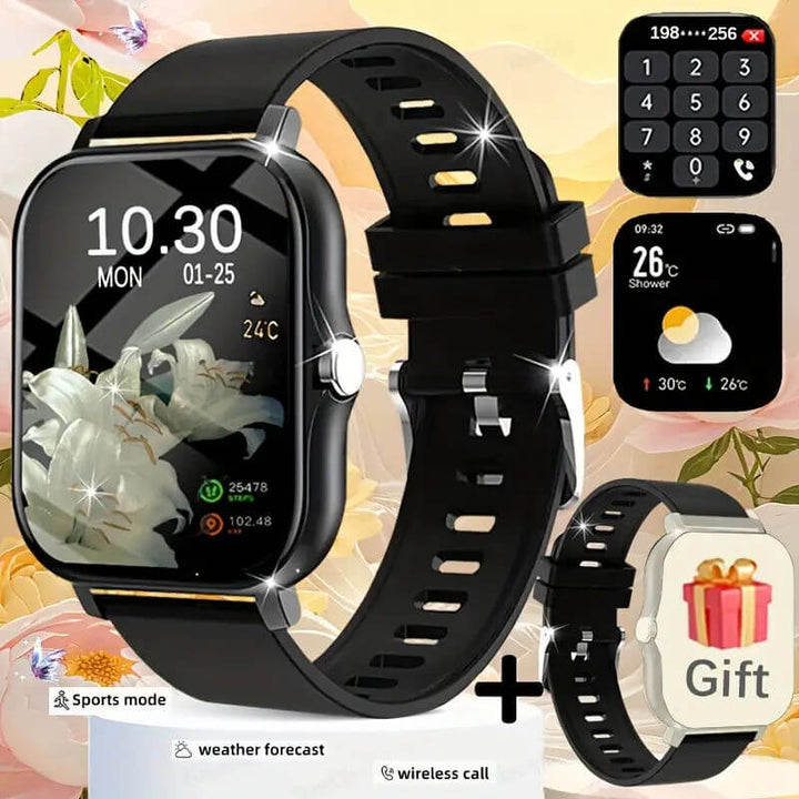 Strengthsphere Bluetooth Smart Fitness Watch showing health tracking, weather forecast, and wireless call features.