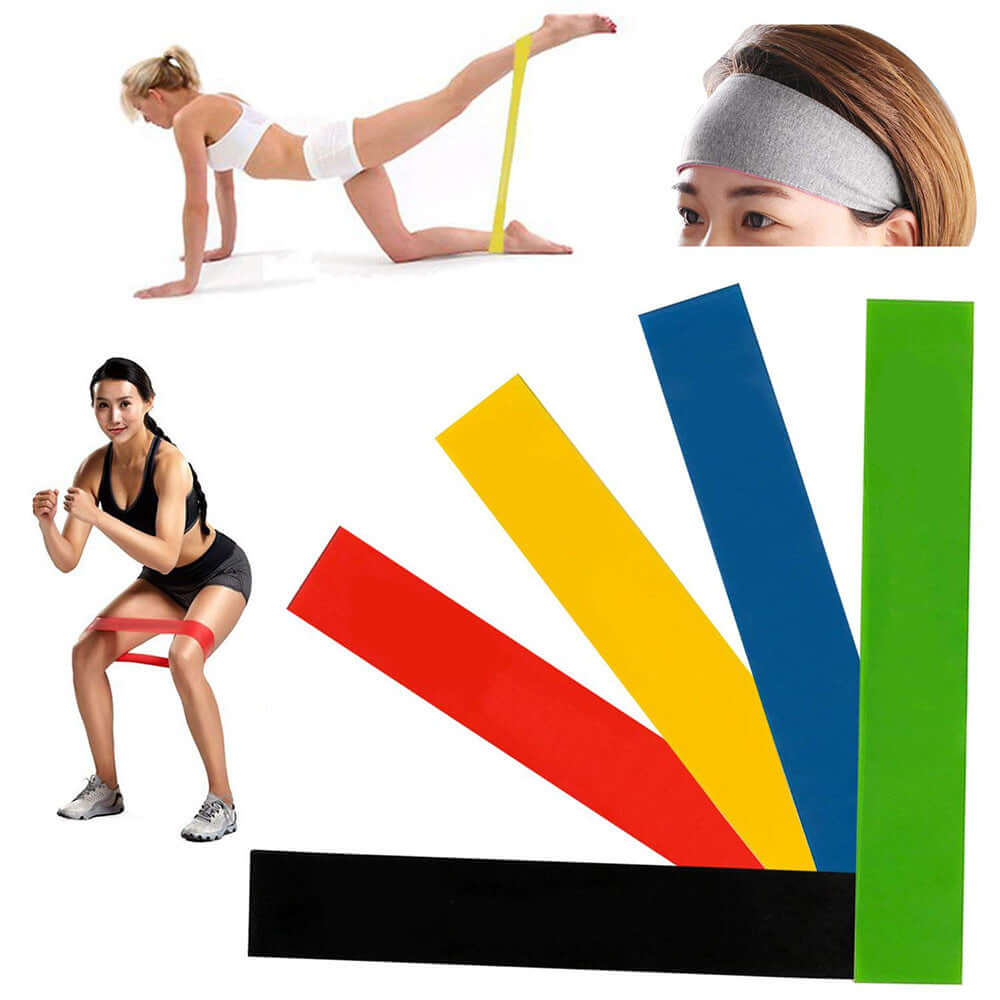 Strengthsphere 5 Level Resistance Bands Set showcasing exercises and different resistance bands for fitness training.