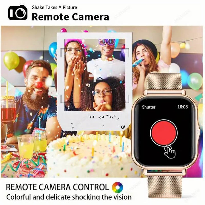 Strengthsphere Kids Smart Watch Phone 2G showcasing remote camera feature in a festive setting with party guests.