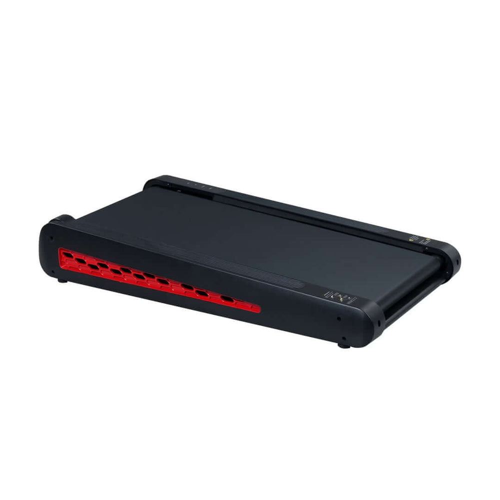 Strengthsphere Incline Walking Pad Treadmill in a compact, folded design with red accents for easy storage.
