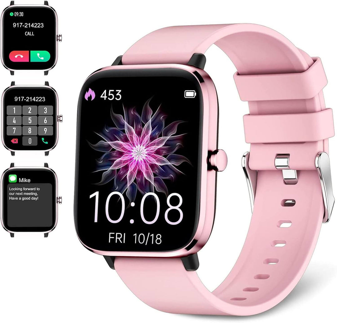 Strengthsphere Bluetooth Smart Fitness Watch in pink, displaying notifications and health tracking features.