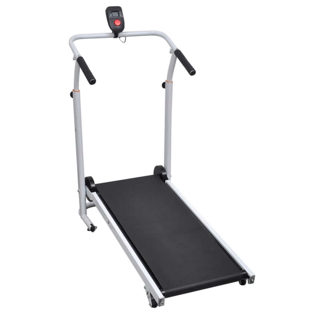 Strengthsphere Mini Foldable Treadmill Black displayed from the front, showcasing its sleek design and compact features.