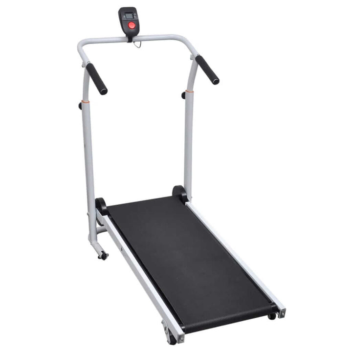 Strengthsphere Mini Foldable Treadmill Black displayed from the front, showcasing its sleek design and compact features.