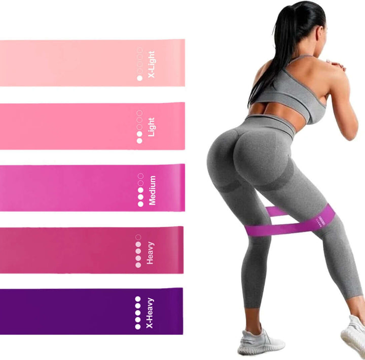 Strengthsphere 5 Pack Resistance Loop Bands displayed with a user performing lower body workouts.