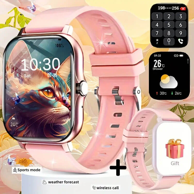 Strengthsphere Bluetooth Smart Fitness Watch displaying cat wallpaper and smart features like weather and calls.