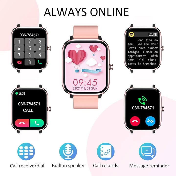 Strengthsphere Bluetooth Smart Fitness Watch showcasing call features, message reminders, and customizable watch faces.