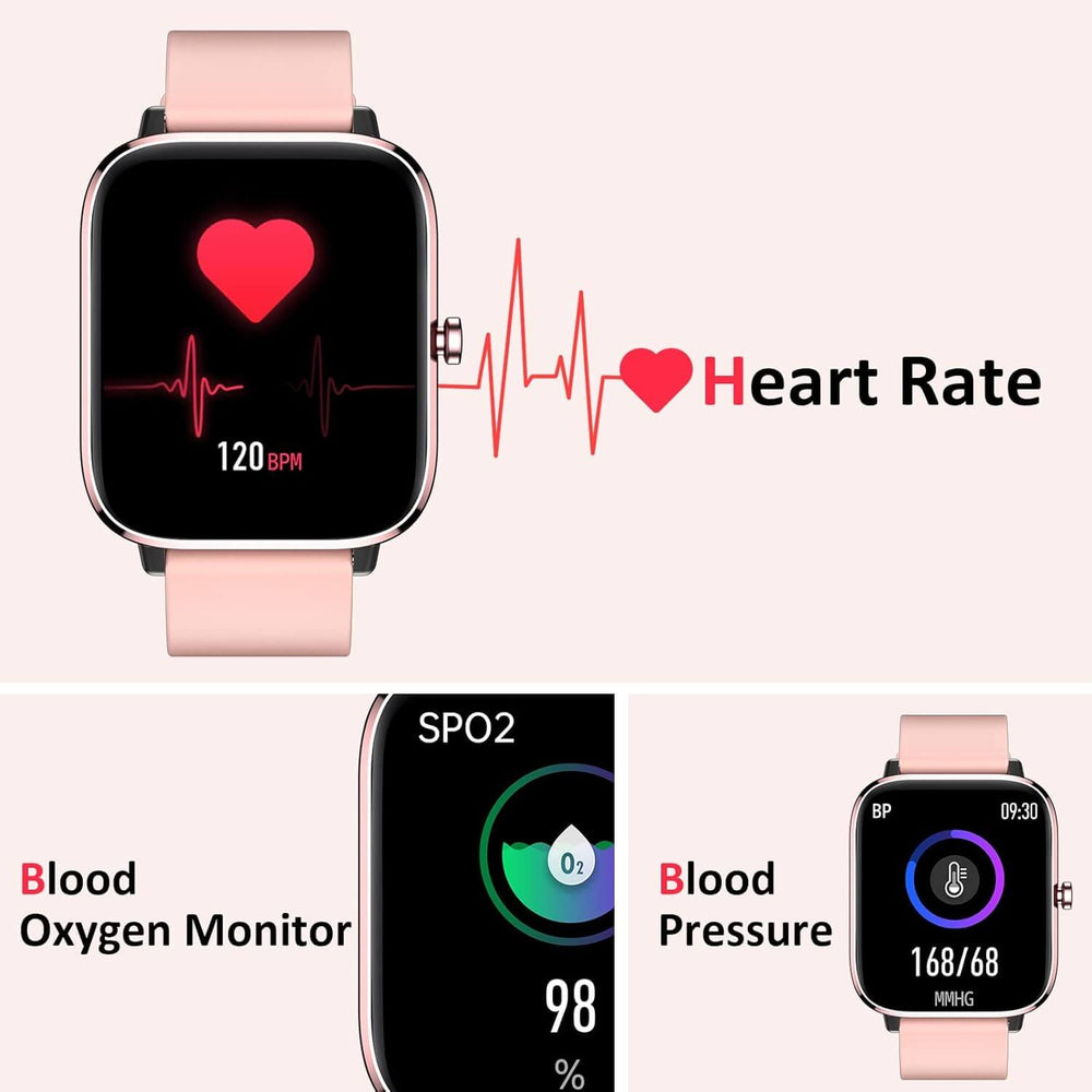 Strengthsphere Bluetooth Smart Fitness Watch displaying heart rate, blood pressure, and oxygen monitoring features.