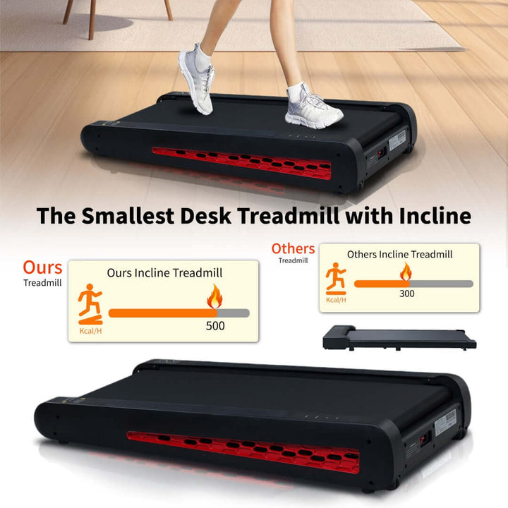 Strengthsphere Incline Walking Pad Treadmill showing its compact design and incline feature for home fitness.