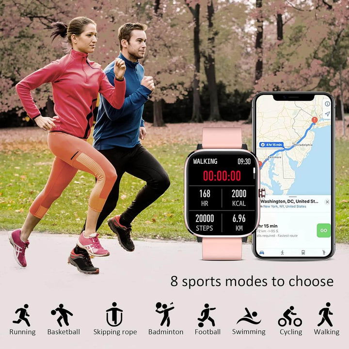 Strengthsphere Bluetooth Smart Fitness Watch showcasing fitness tracking features with athletes jogging in a park.