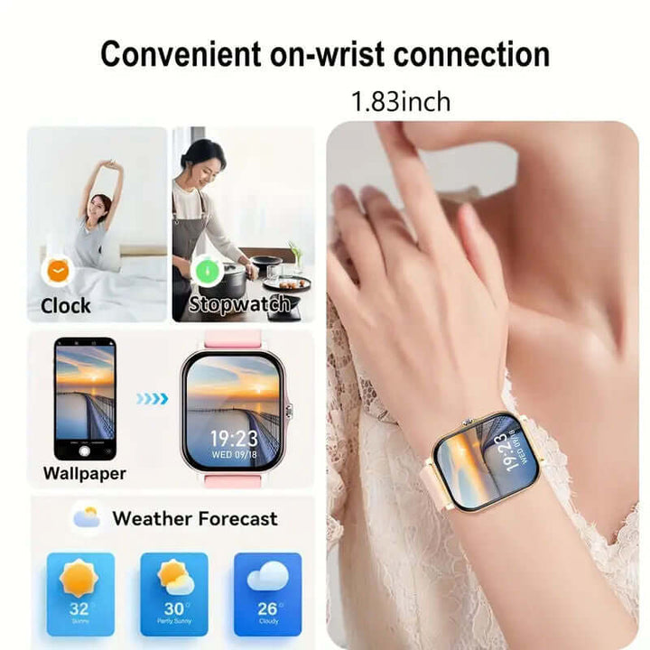 Strengthsphere Kids Smart Watch Phone 2G showing convenient on-wrist connection and features like clock, stopwatch, and weather forecast.