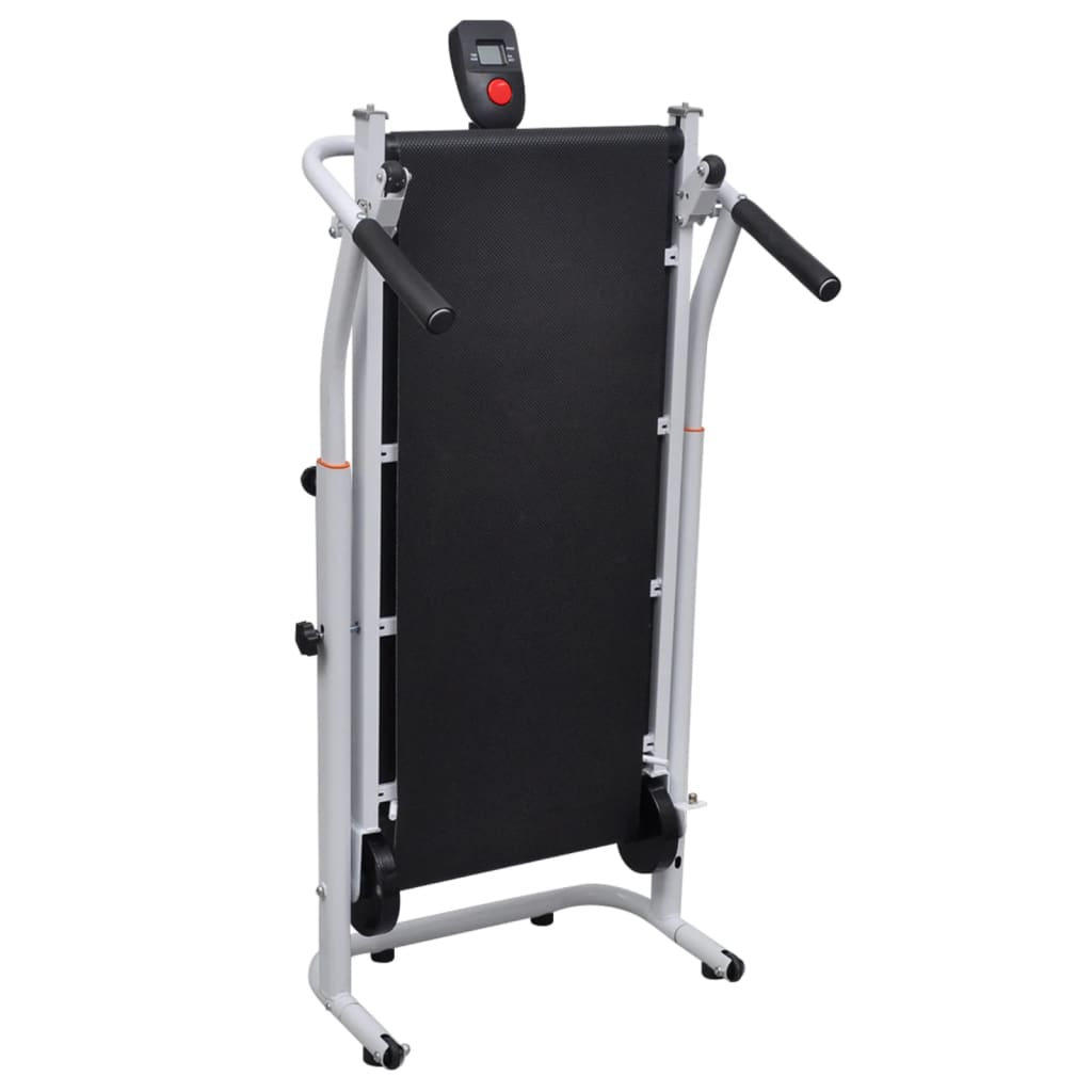 Strengthsphere Mini Foldable Treadmill Black in an upright position, showcasing its compact design and portability.