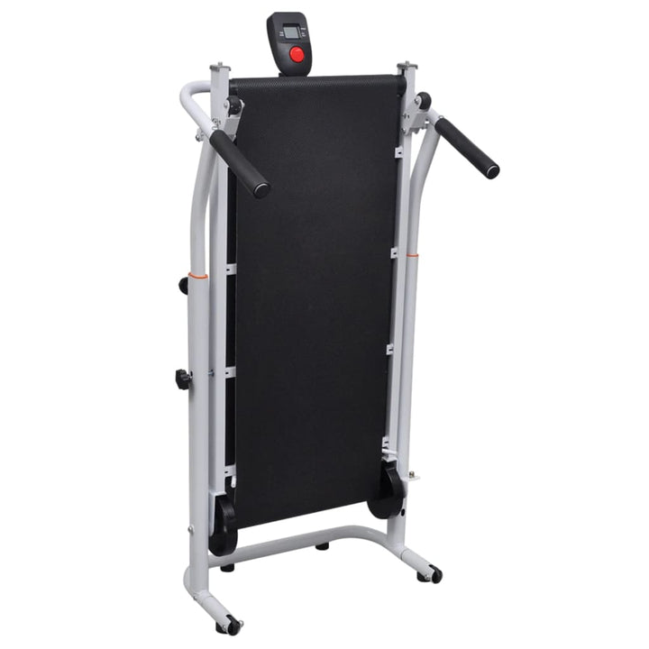 Strengthsphere Mini Foldable Treadmill Black in an upright position, showcasing its compact design and portability.