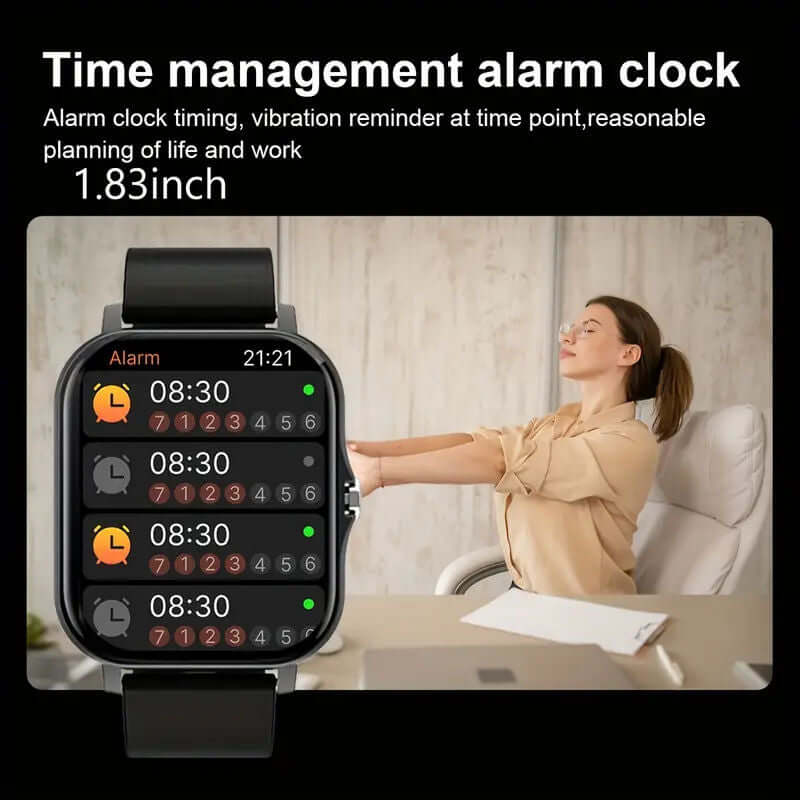 Time management alarm clock displayed on a smartwatch, featuring alarm settings for effective life planning.