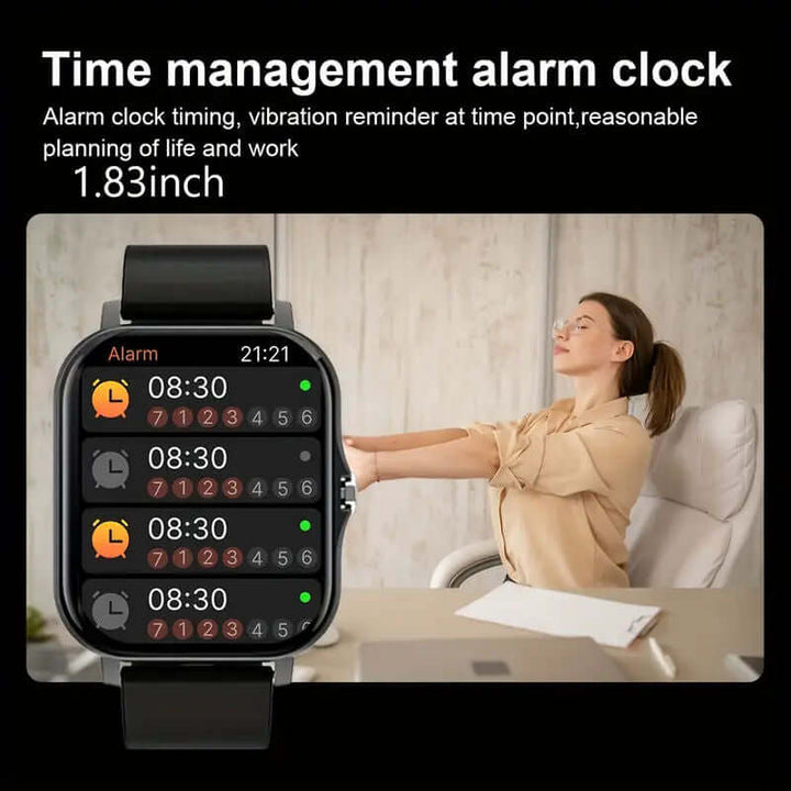 Time management alarm clock displayed on a smartwatch, featuring alarm settings for effective life planning.