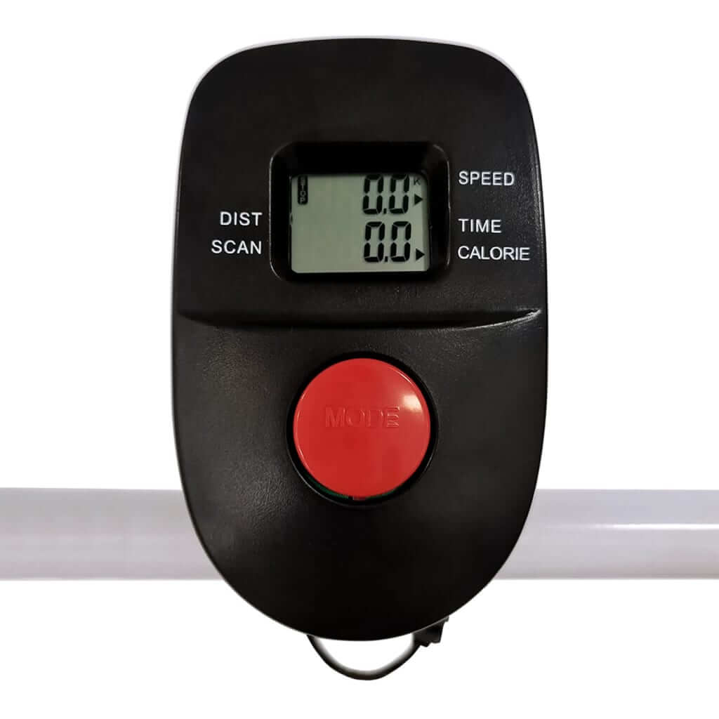 Strengthsphere Mini Foldable Treadmill Black control panel displaying speed, time, distance, and calories.