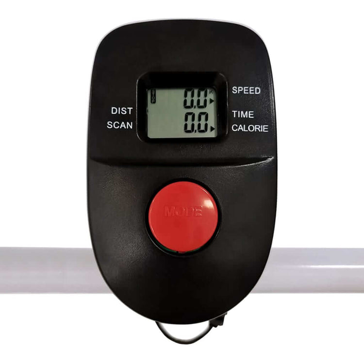 Strengthsphere Mini Foldable Treadmill Black control panel displaying speed, time, distance, and calories.